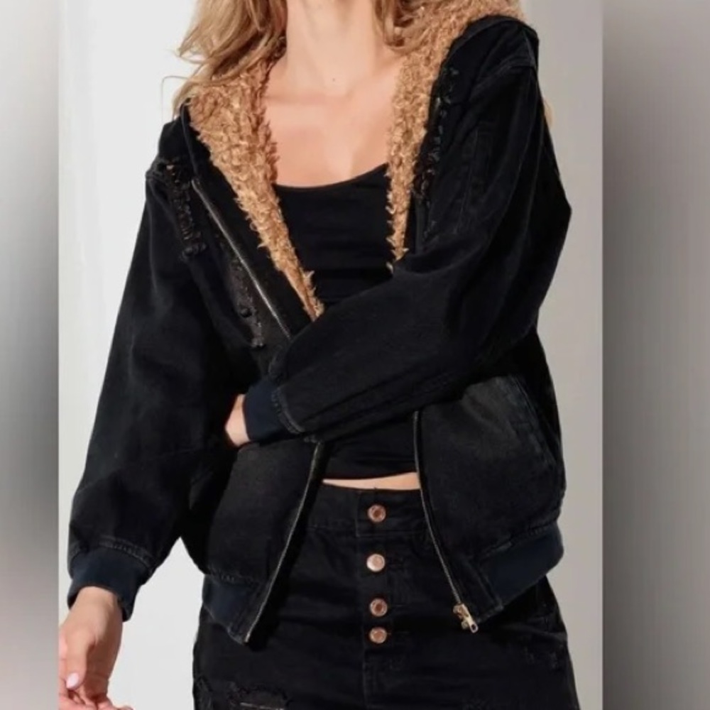 UNIQ by Litz LA black sherpa-lined distressed denim hoodie jacket